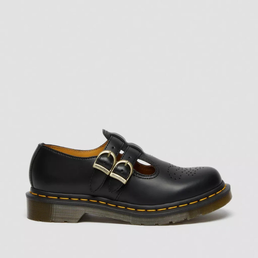 Black double buckle leather mary jane shoes with chunky sole