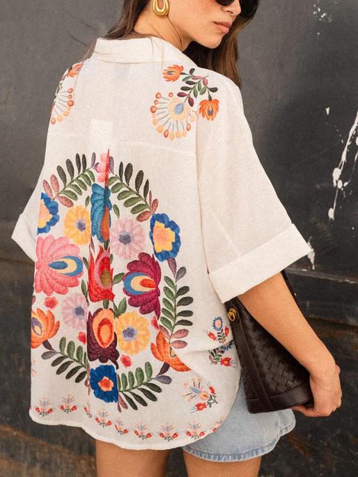 Witte Dames Bloemenprint Blouse Korte Mouw Zomer