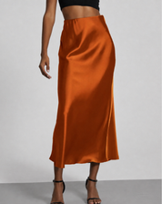 A-Line Satin Look Midi Skirt for Women with Slit and High Waist