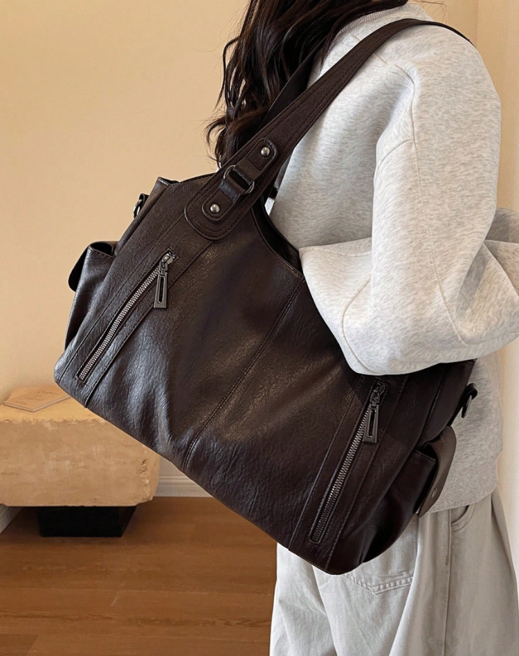 Women’s Leather Shoulder Bag with Zipper Pockets and Double Handles