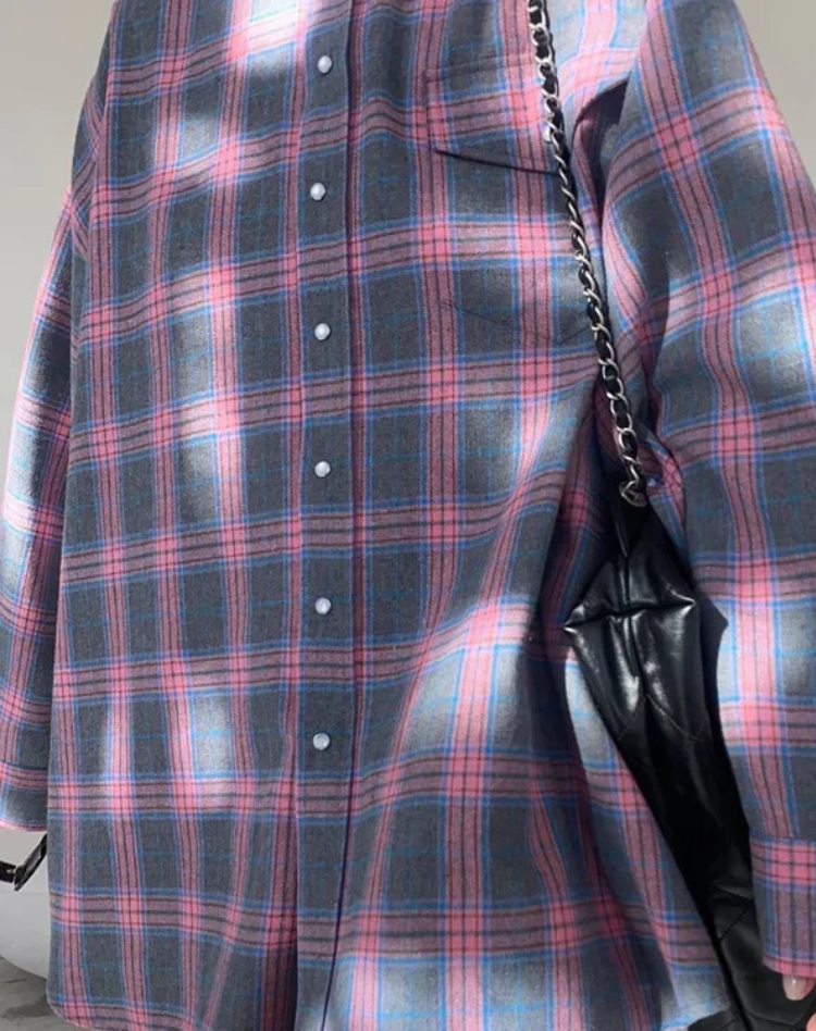 Checked Oversized Blouse with Chest Pocket for Women