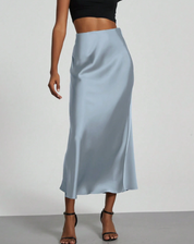 Elegant Satin Look Midi Skirt with High Waist and Smooth Drape