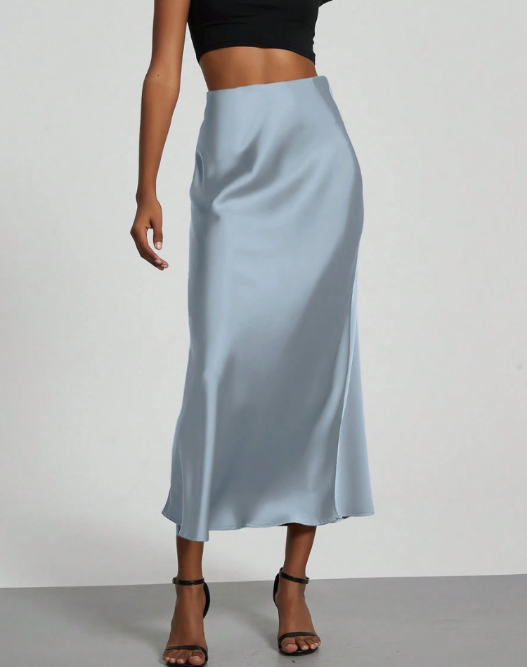 Elegant Satin Look Midi Skirt with High Waist and Smooth Drape