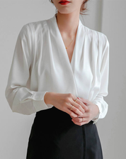 Satijnen Wikkelblouse Met V Hals En Pofmouwen Voor Dames