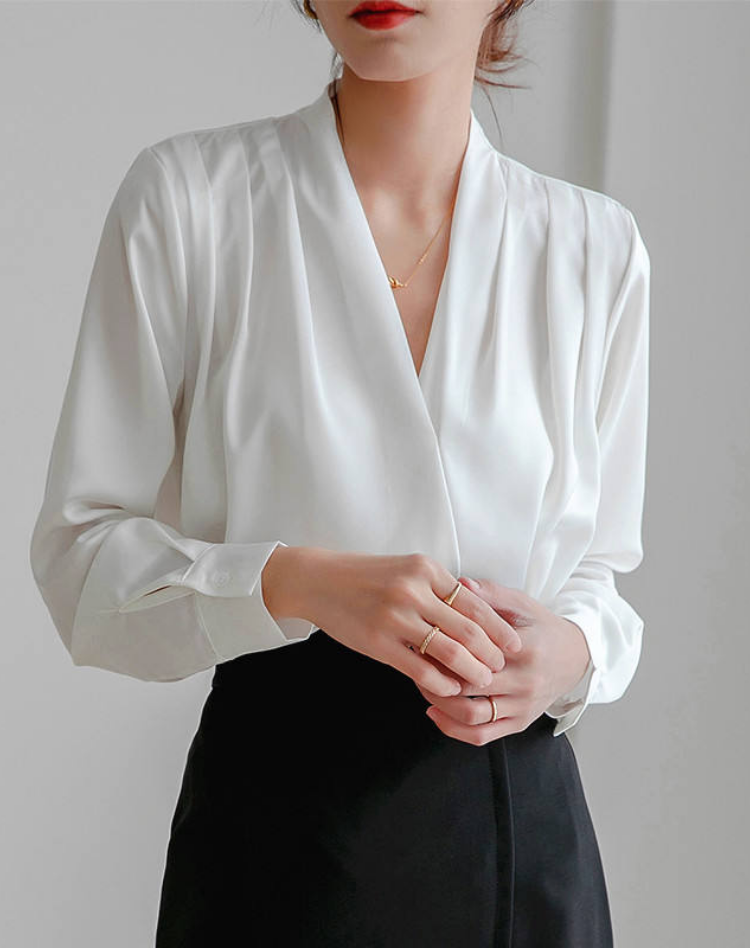 Satijnen Wikkelblouse Met V Hals En Pofmouwen Voor Dames