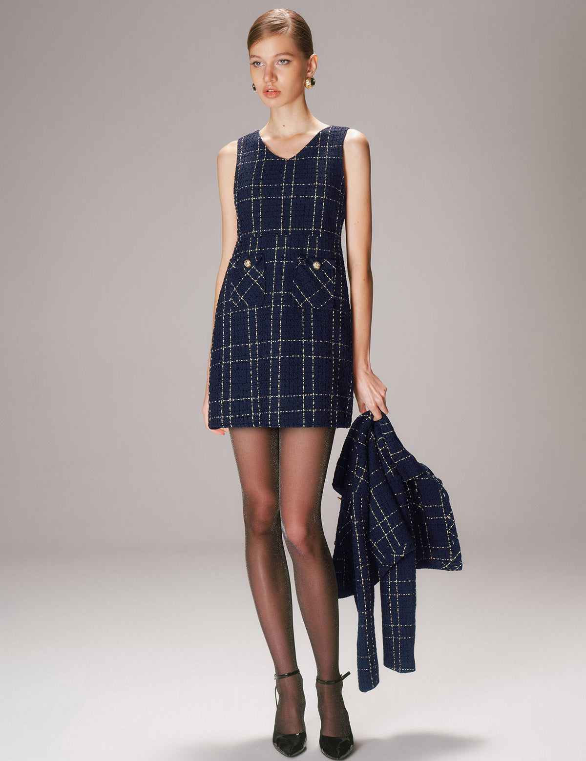 Dames Chique Tweed Set met Korte Blazer en Mini Jurk