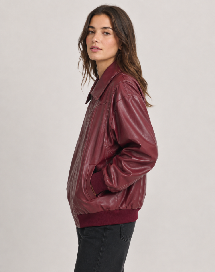 Dames Vintage Bikerjack in Leerlook Oversized Bomberjack