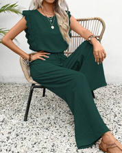 Elegante Dames Jumpsuit met Kanten Mouwen en Wijde Pijpen