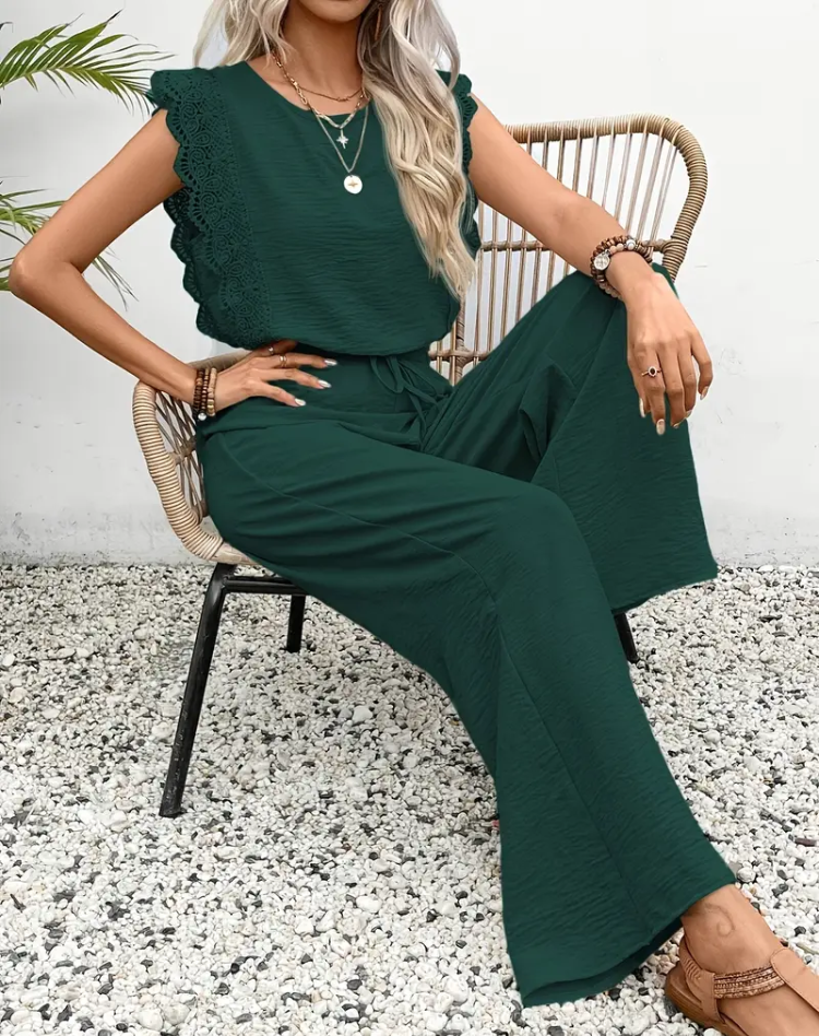 Elegante Dames Jumpsuit met Kanten Mouwen en Wijde Pijpen