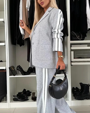 Comfortabele Dames Blazer Set met Wijde Pantalon en Strepen
