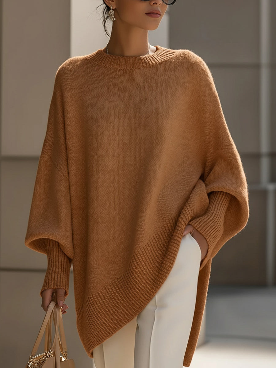 Dames Luxe Gebreide Trui met Ronde Hals en Asymmetrische Zoom