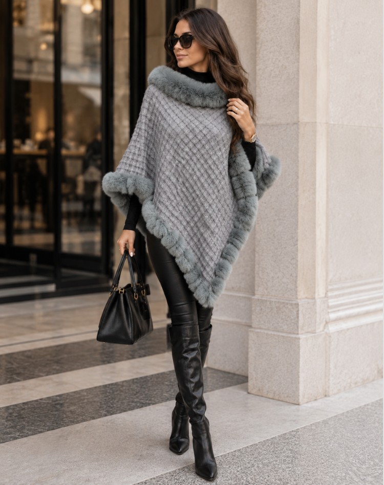 Stylish Warm Poncho Sweater For Women With Faux Fur Collar