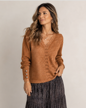 Blouse tricotée douce à col en V et manches longues pour femme avec boutons