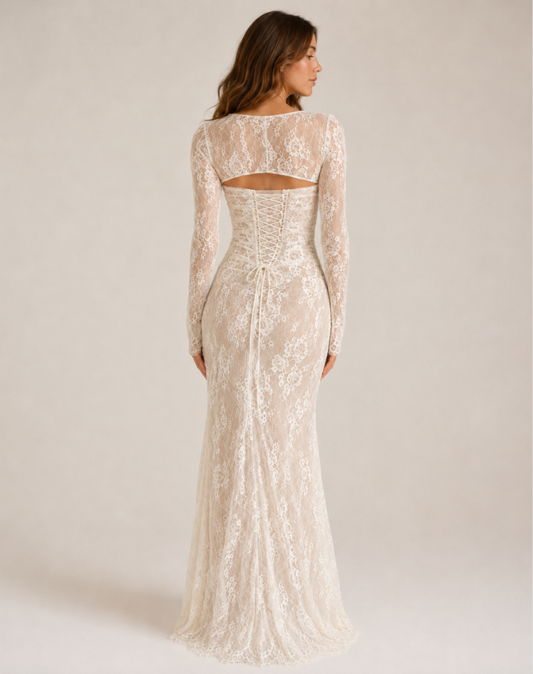 Robe de soirée maxi en dentelle pour femmes avec manches longues et silhouette élégante