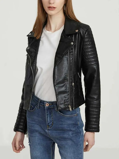 Zwarte Leren Dames Jas Met Ritszakken