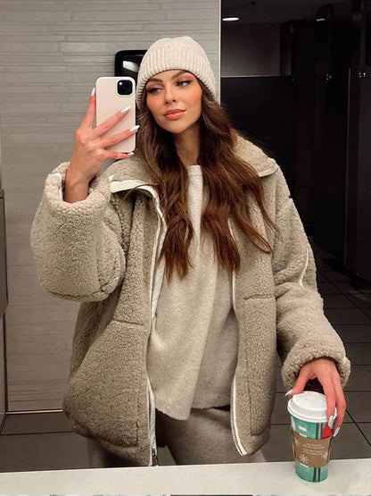 Dames Oversized Teddy Jas met Rits en Hoge Kraag Winter
