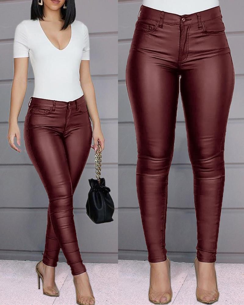Dames Vrouwelijke Skinny Broek in Leerlook met Stretch en Zakken