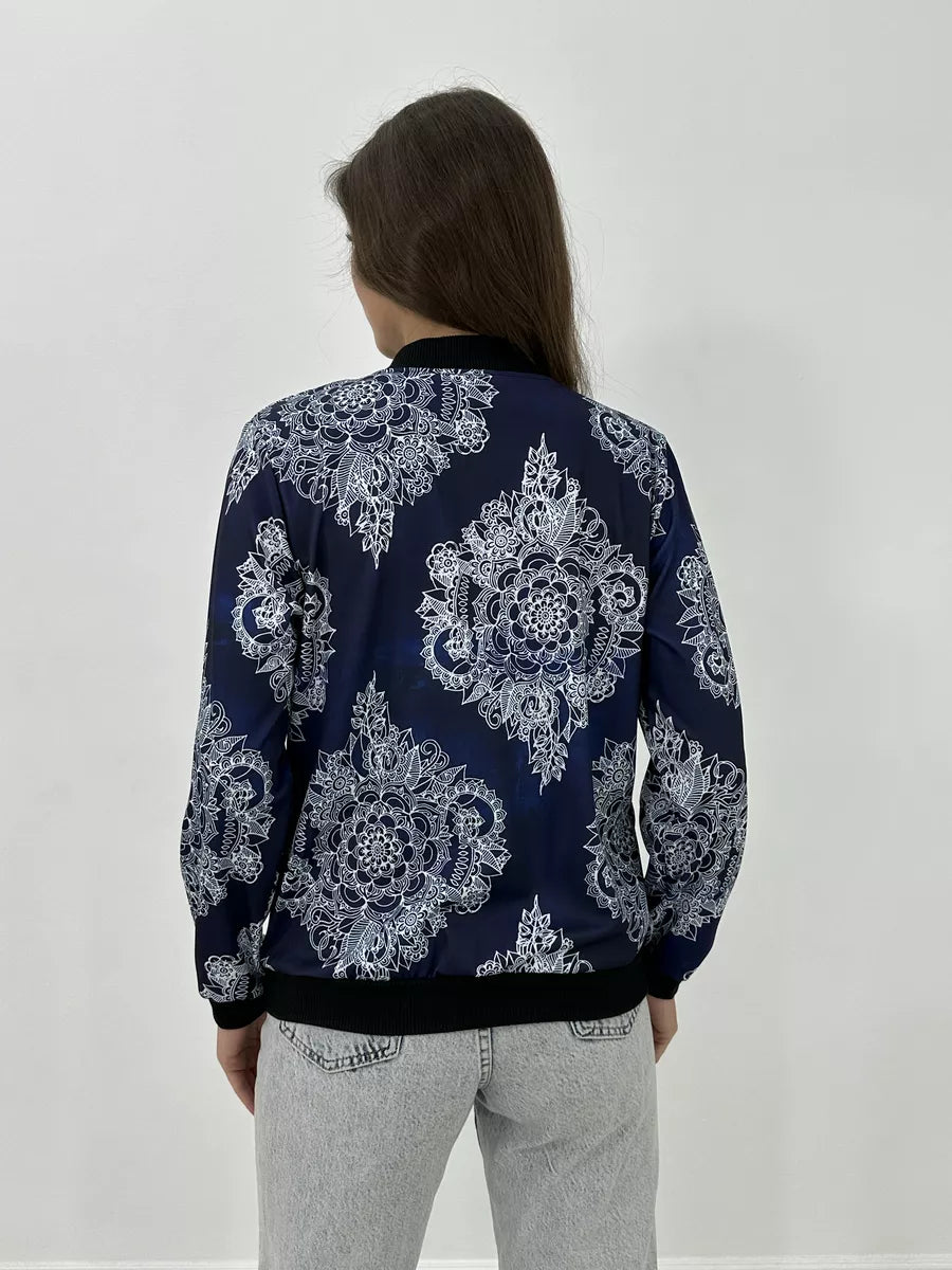 Women's Lightweight Bomber Jacket with Zipper and Graphic Print