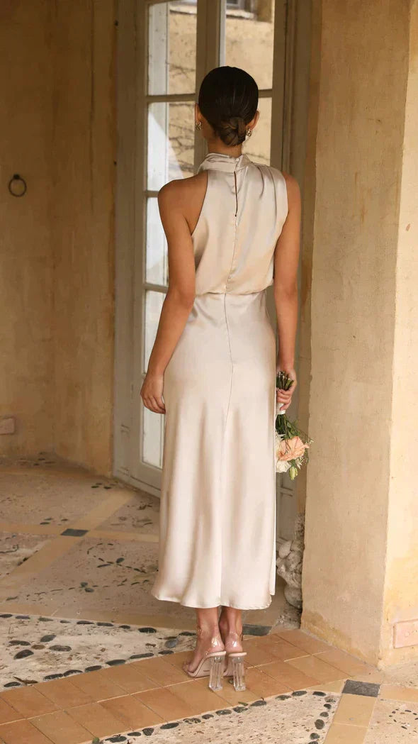 Satin Midi Gala Dress with Halter Neck and Open Back