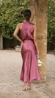 Satin Midi Gala Dress with Halter Neck and Open Back
