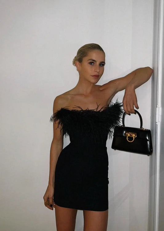 Zwarte Strapless Mini Jurk met Veren Bodycon Feestjurk voor Dames