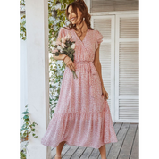 Boho Maxi Wrap Dress with Floral Print and V-Neck for Women