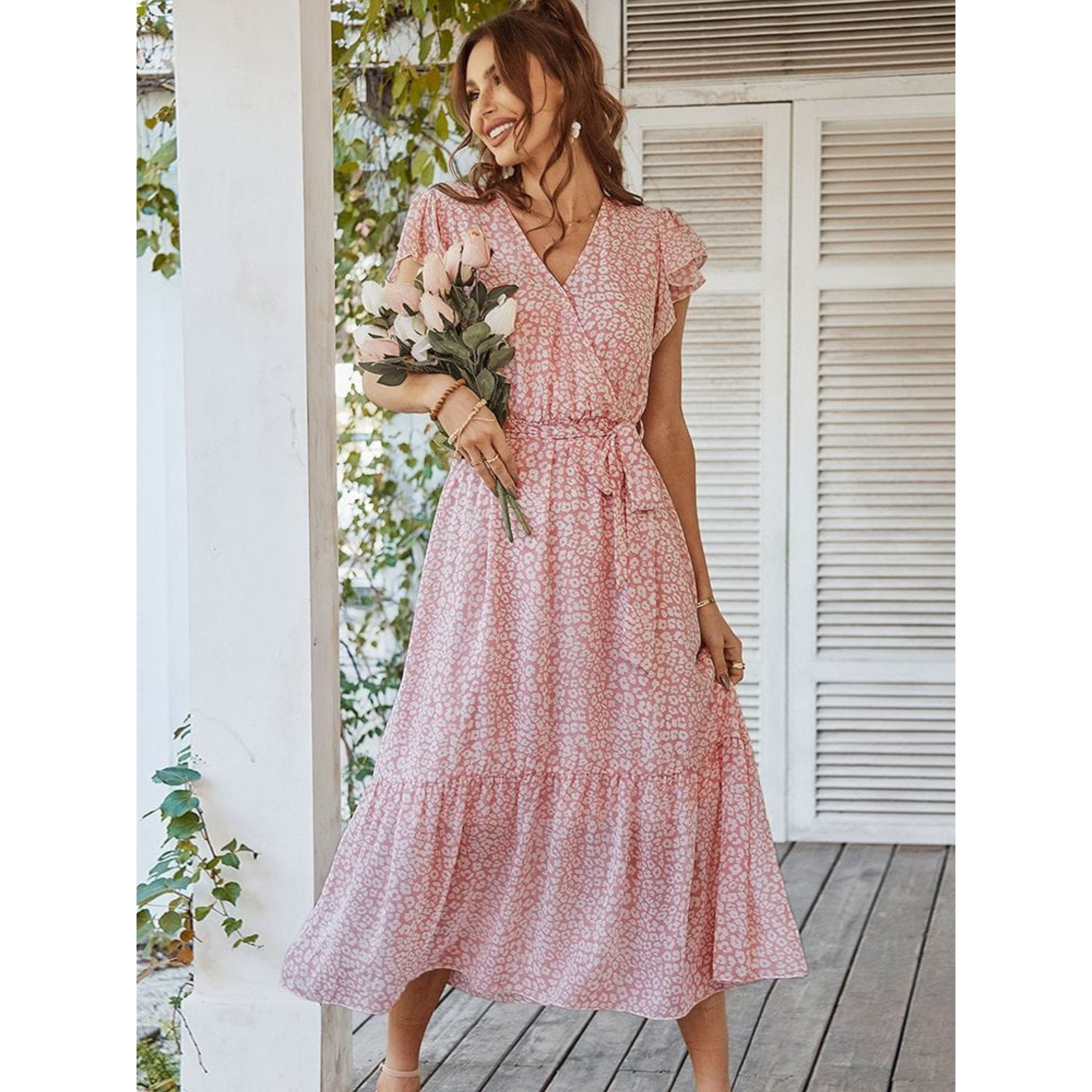 Boho Maxi Wrap Dress with Floral Print and V-Neck for Women