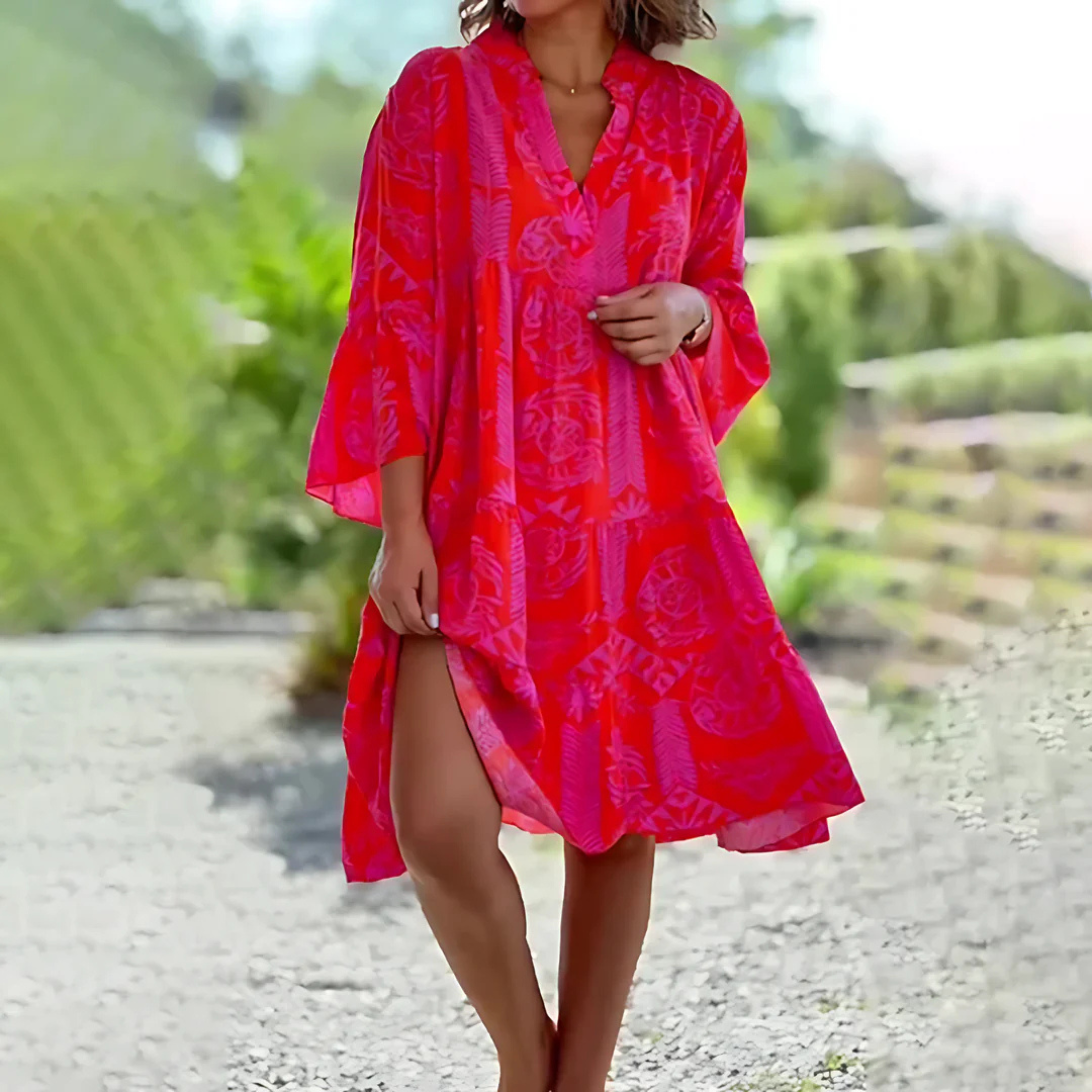 Boho Tunic Dress for Women with Print and V-Neck