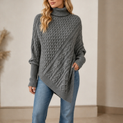 Dames Knusse Kabelgebreide Poncho Trui met Ruime Mouwen