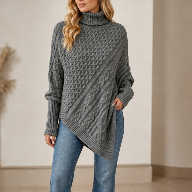 Dames Knusse Kabelgebreide Poncho Trui met Ruime Mouwen