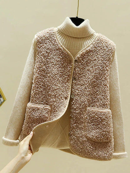 Dames Winter Teddy Fleece Gilet Met Zakken En Knopen