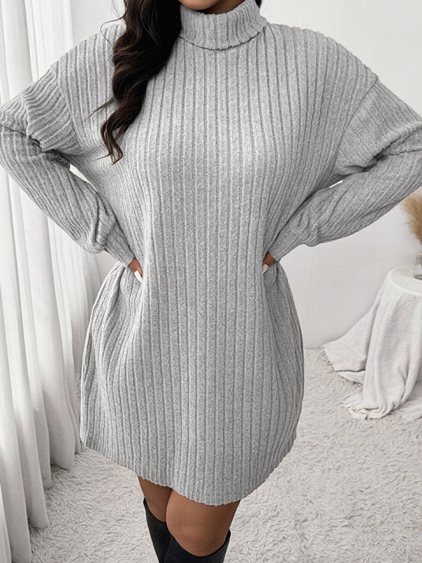 Knusse Geribde Mini Sweaterjurk Met Col Voor Dames