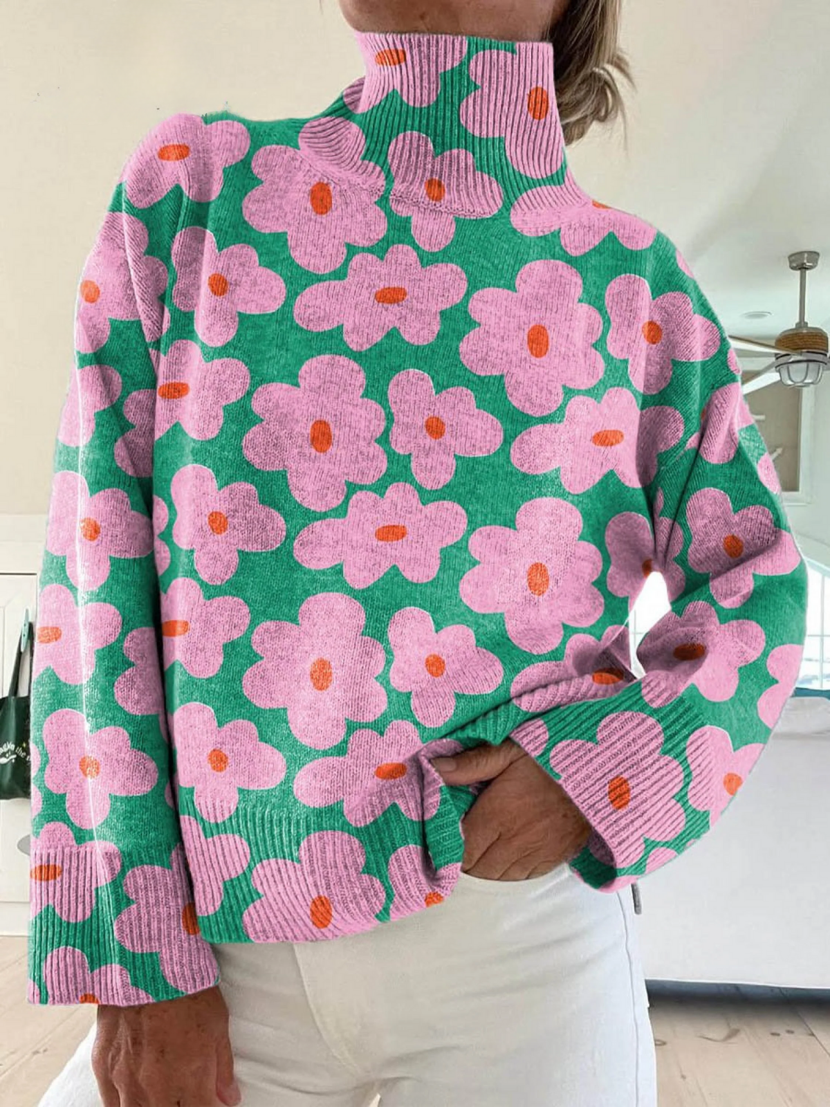 Dames Zachte Oversized Gebreide Coltrui Met Bloemenprint