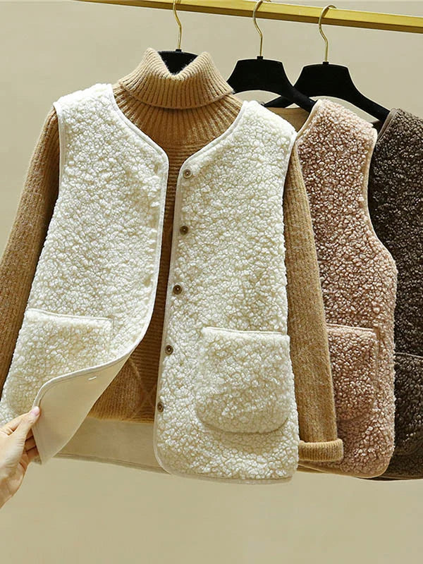 Dames Winter Teddy Fleece Gilet Met Zakken En Knopen