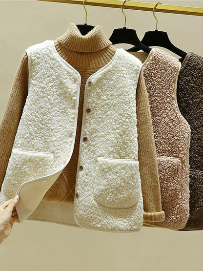 Dames Winter Teddy Fleece Gilet Met Zakken En Knopen