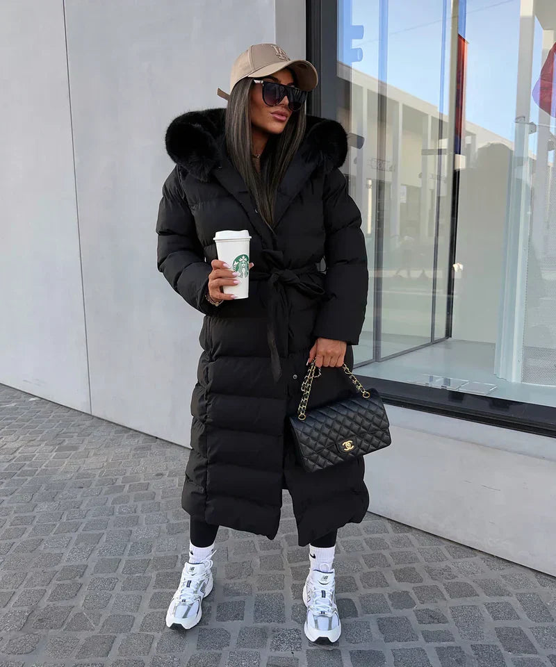 Lange Puffer Winterjas met Capuchon en Bontkraag voor Vrouwen