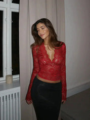 Kanten Top Met Diepe V Hals En Lange Mouwen