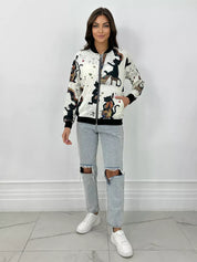 Women's Lightweight Bomber Jacket with Zipper and Graphic Print