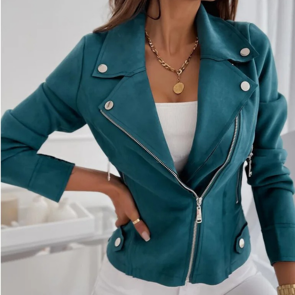 Veste biker chic aspect daim pour femmes avec fermeture éclair et coupe courte