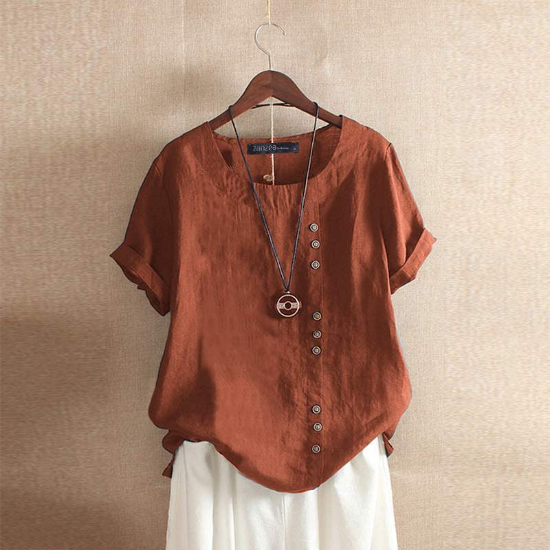 Linen Blouse with Short Sleeves and Button Closure for Women