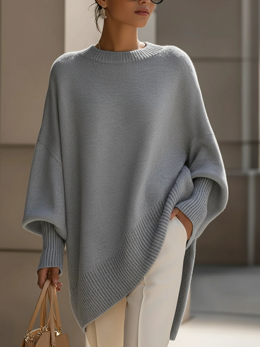 Dames Luxe Gebreide Trui met Ronde Hals en Asymmetrische Zoom