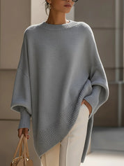 Dames Luxe Gebreide Trui met Ronde Hals en Asymmetrische Zoom