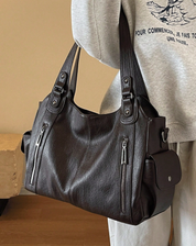 Women’s Leather Shoulder Bag with Zipper Pockets and Double Handles