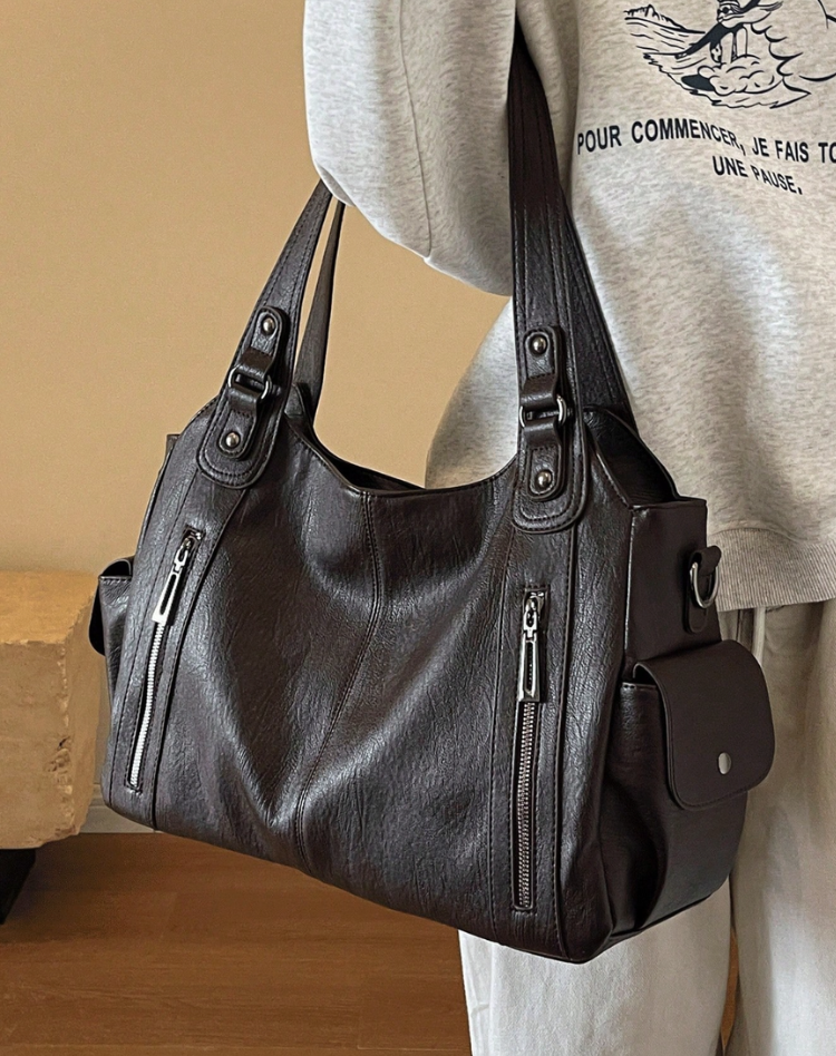 Women’s Leather Shoulder Bag with Zipper Pockets and Double Handles