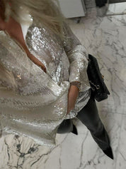 Dames Feestelijke Oversized Blouse met Pailletten en Kraag
