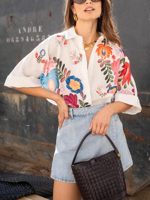 Witte Dames Bloemenprint Blouse Korte Mouw Zomer