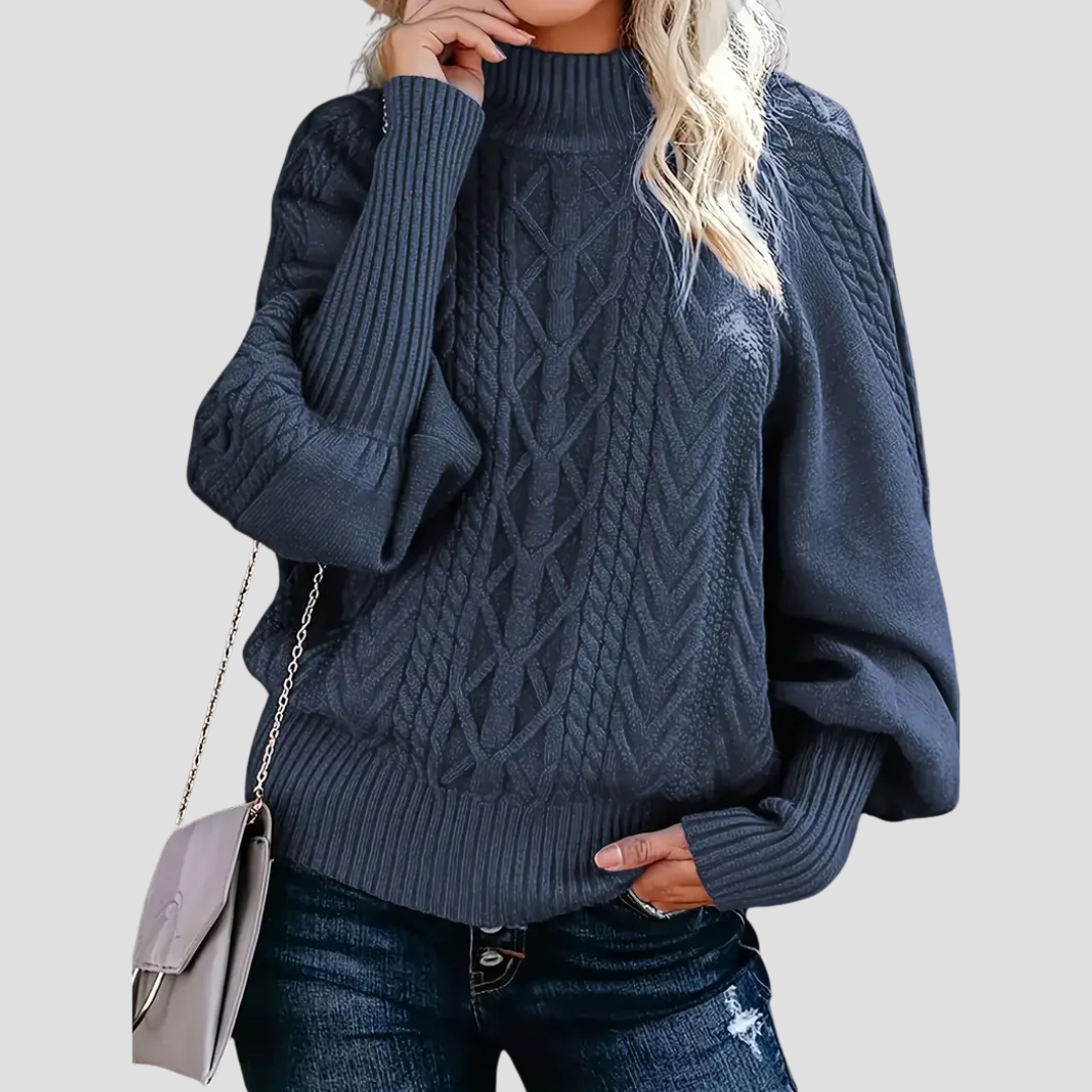 Pull col roulé torsadé pour femme, chaud avec manches ballon