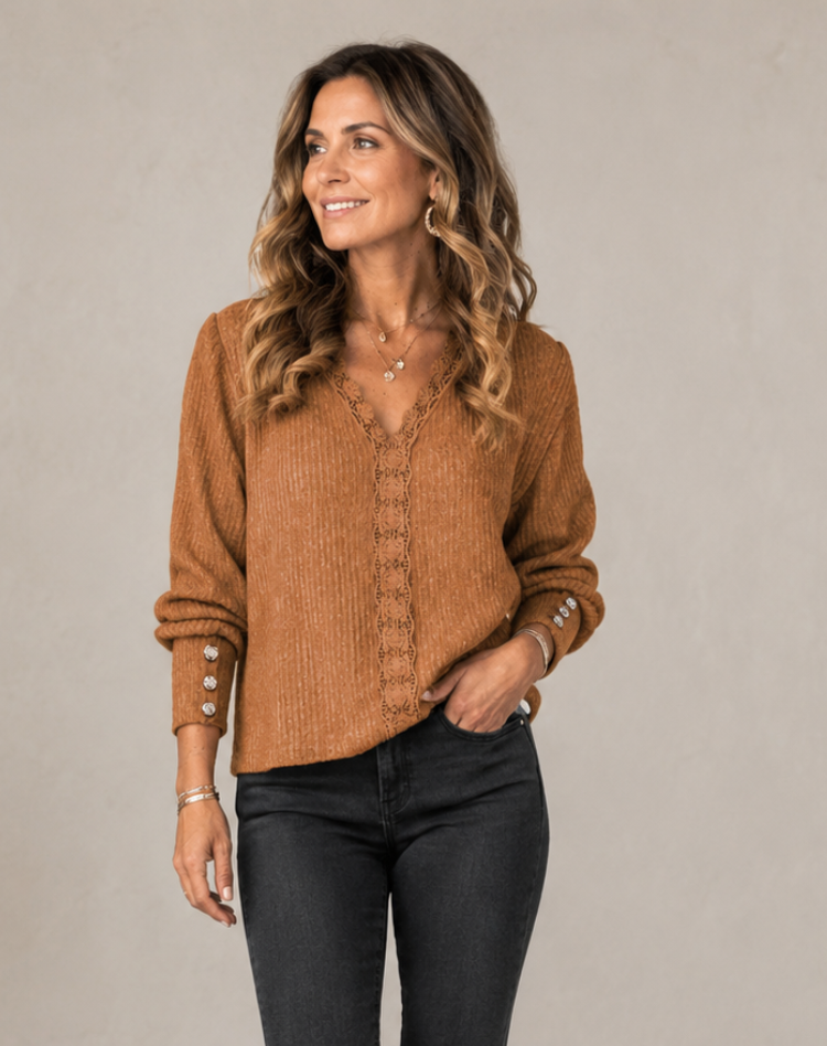 Blouse tricotée douce à col en V et manches longues pour femme avec boutons
