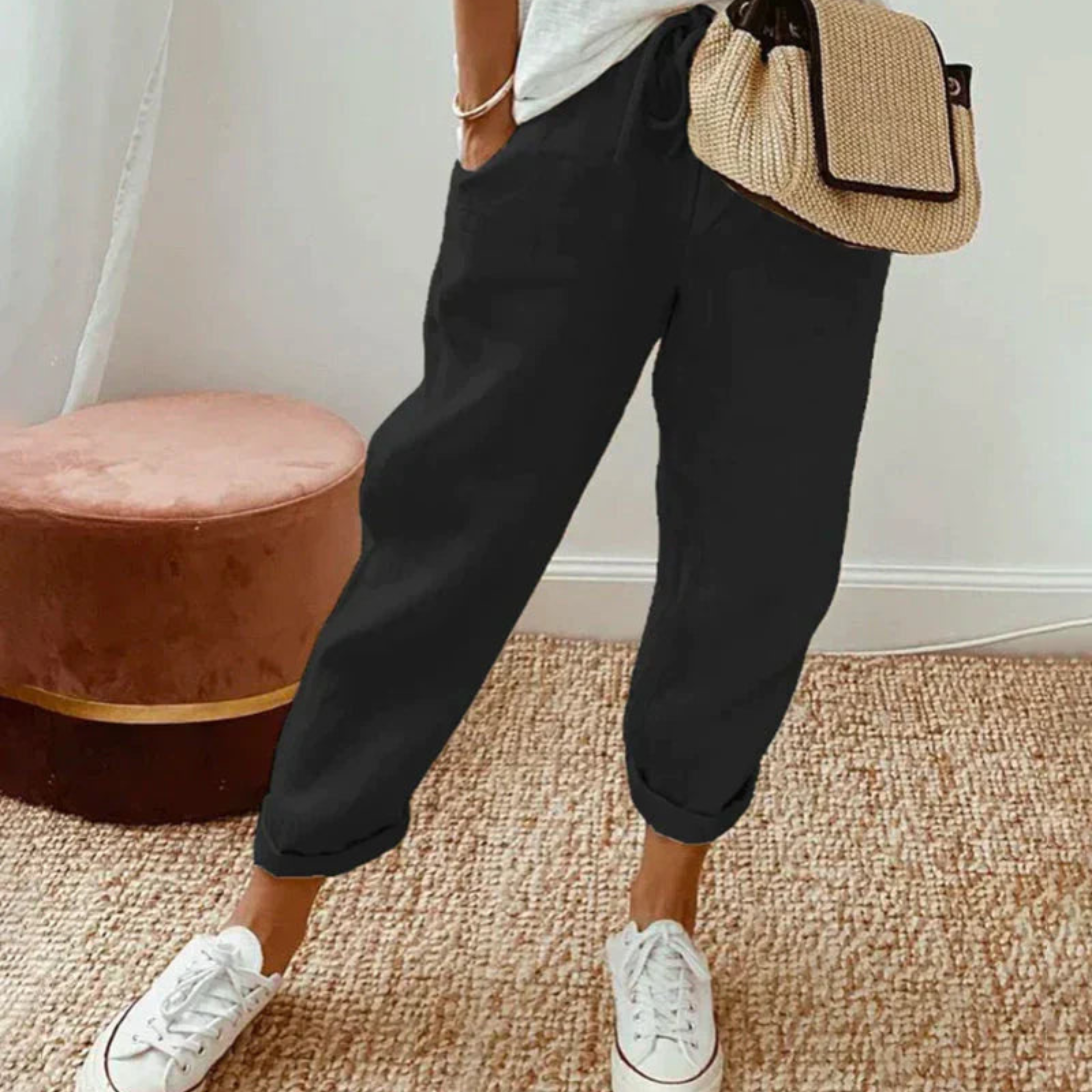 Women's Linen Pants with Drawstring and Straight Legs