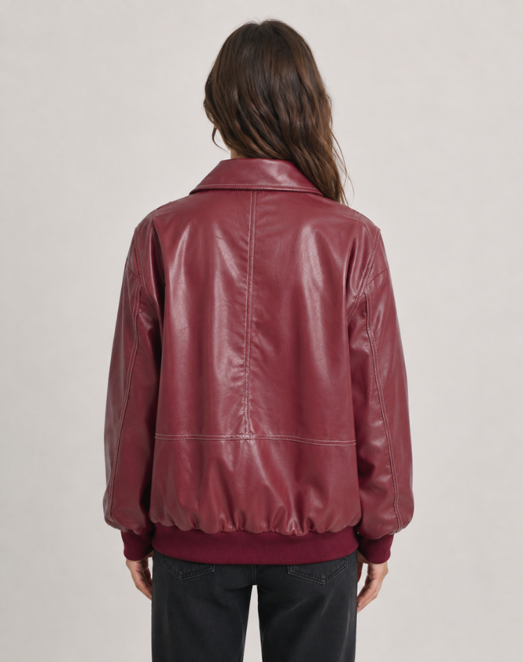 Dames Vintage Bikerjack in Leerlook Oversized Bomberjack